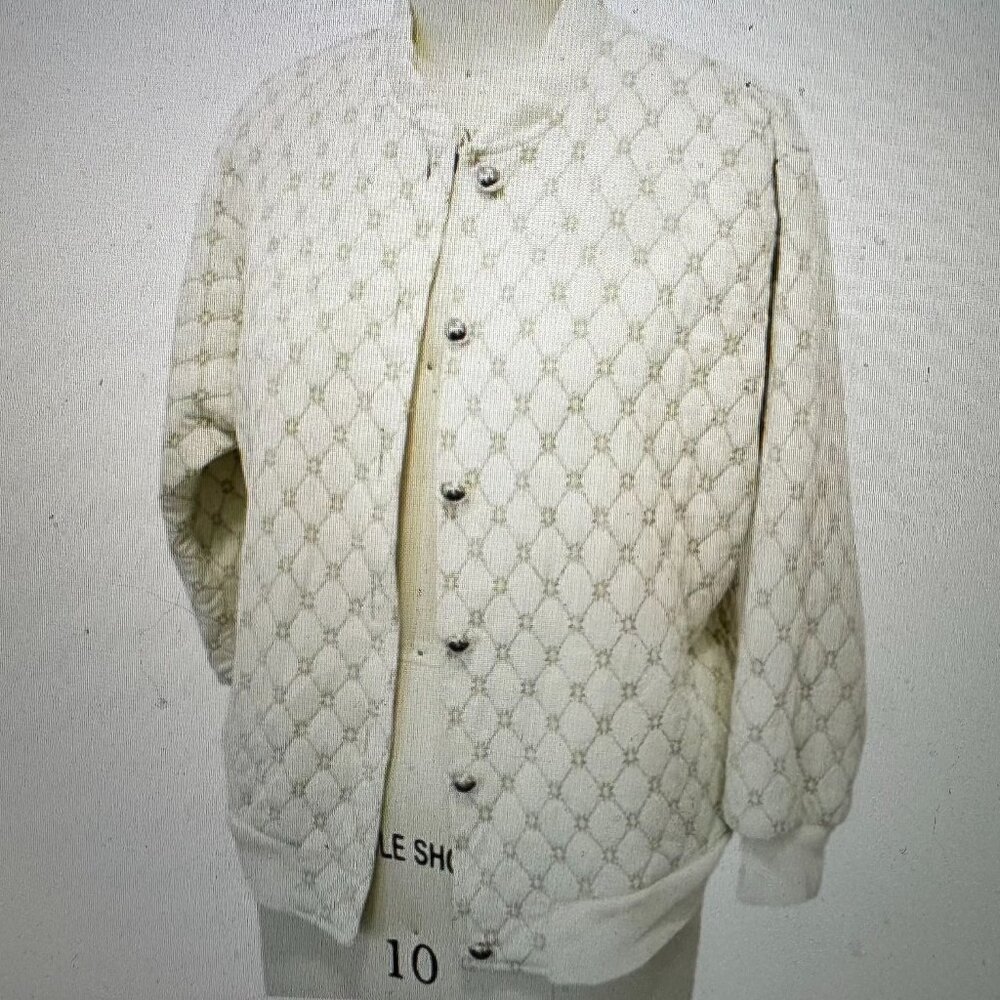 Vintage 1980s White Diamond Pattern Lightweight Button Down Bomber Jacket Sz S